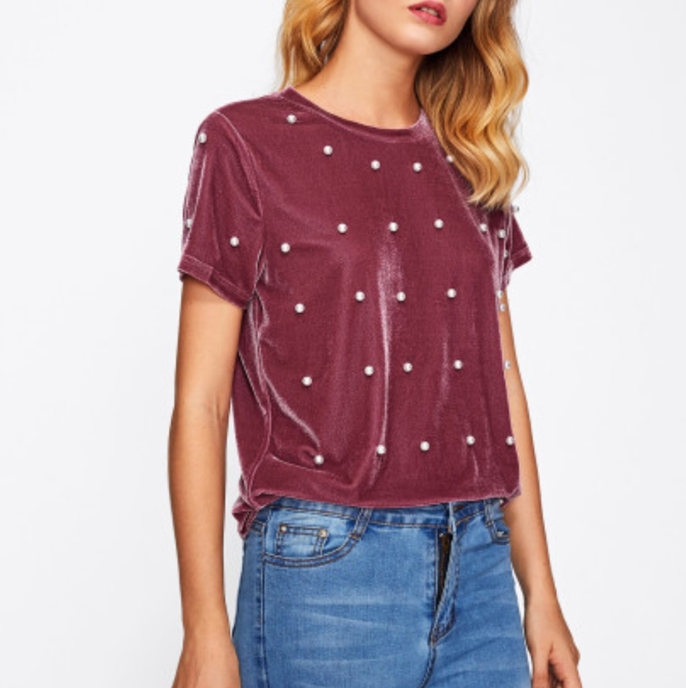 Blush pink velvet top with pearls